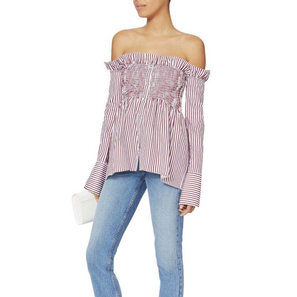 Victoria Beckham Off Shoulder Button Up Shirt Blouse Long Slv Stripe Smocked 4